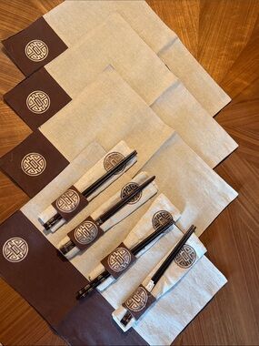 Linen placemats- Brown Linen Chopstick Placemat Set Oriental Embroider Medal